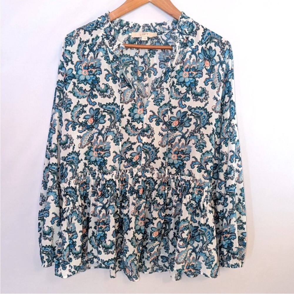 LOFT Whisper White Bohemian Dream Paisley Split Neck Peplum Blouse